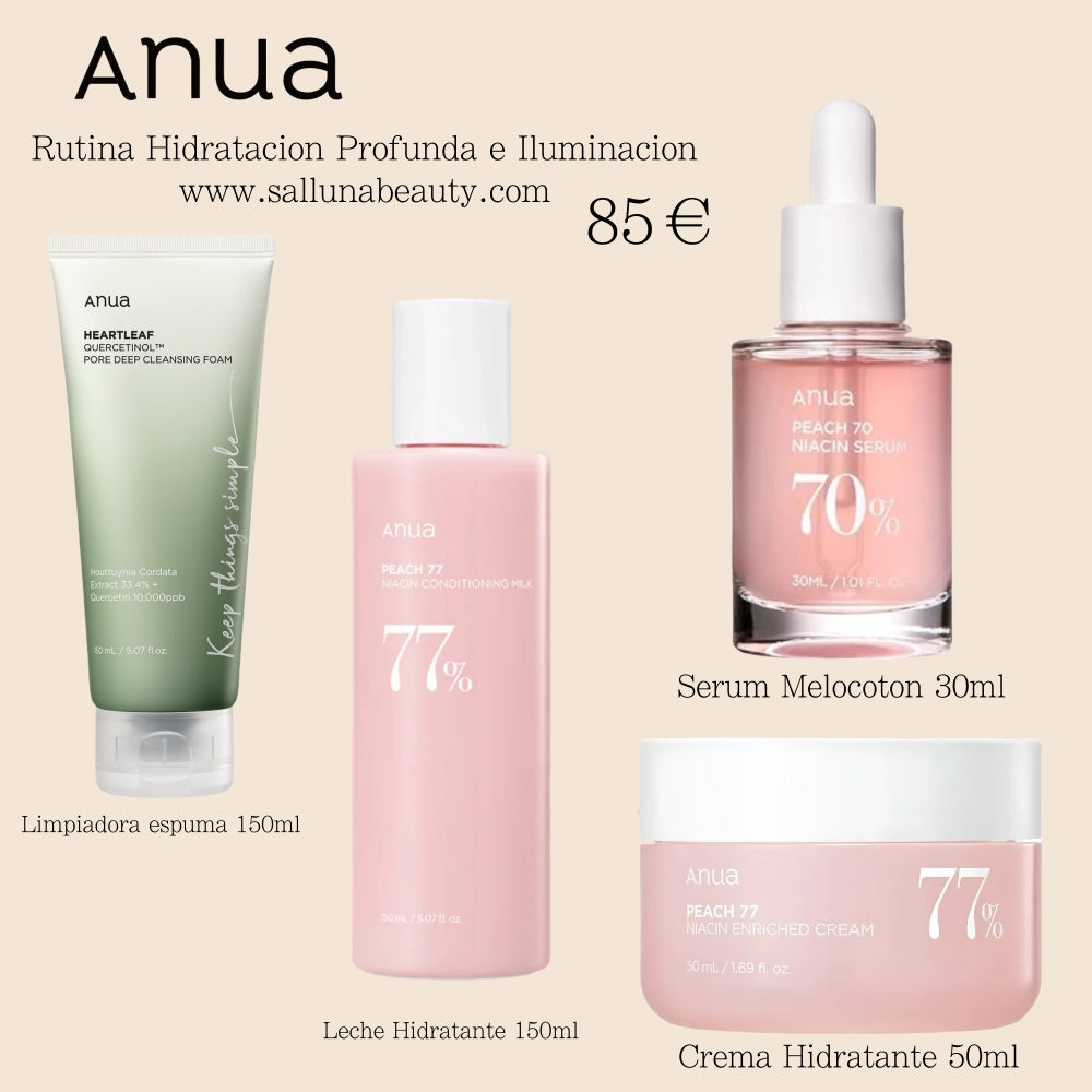 Pack ANUA – Rutina de Hidratación Profunda e Iluminación (Espuma Limpiadora 150ml + Leche Hidratante 150ml + Sérum Melocotón 30ml + Crema Hidratante 50ml) www.sallunabeauty.com